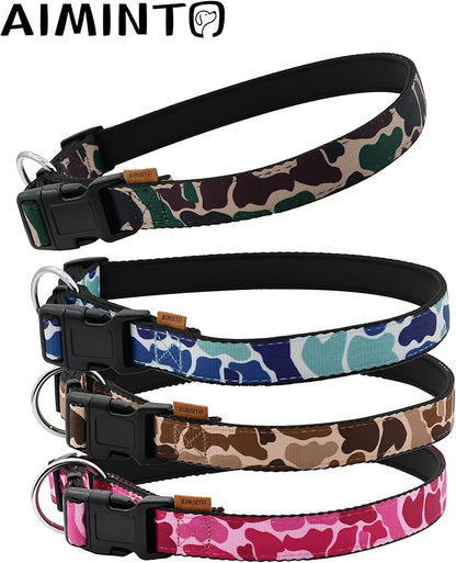 Dog Collar, Cute Floral Pattern, Neoprene Padded and Adjustable Collar with Quick Release Buckle, Reinforced Structure (L (Neck 18-28", Width 1"), Camouflage Pink)