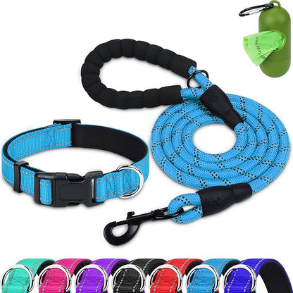 Dynmeow Reflective Dog Collar and Leash Set, 6FT Strong Climbing Rope Leash with Padded Handle, Adjustable Pet Collar with Soft Neoprene Padding for Small Medium Dogs, Blue, S