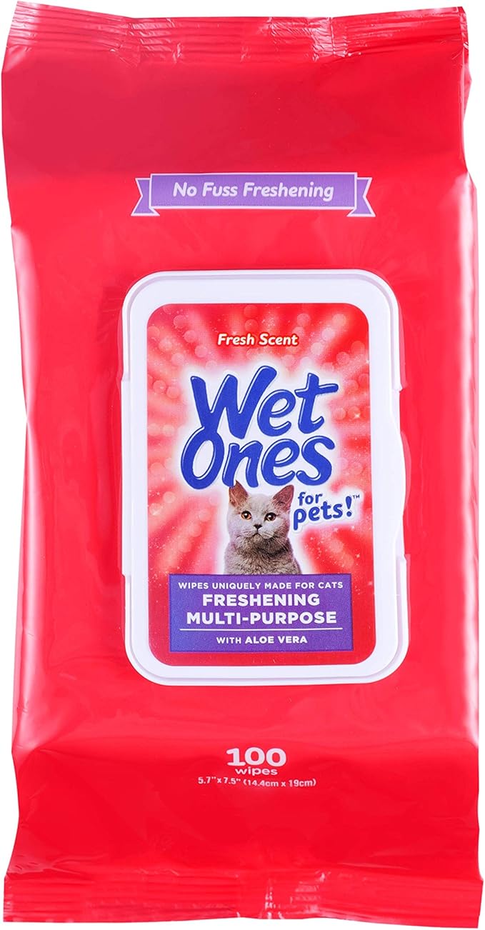 Wet Ones for Pets Freshening Multipurpose Wipes for Cats with Aloe Vera, Fresh Scent - Easy to Use Cat Cleaning Wipes for Pet Grooming, 100 Count