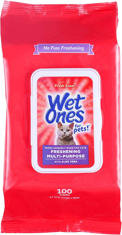 Wet Ones for Pets Freshening Multipurpose Wipes for Cats with Aloe Vera, Fresh Scent - Easy to Use Cat Cleaning Wipes for Pet Grooming, 100 Count