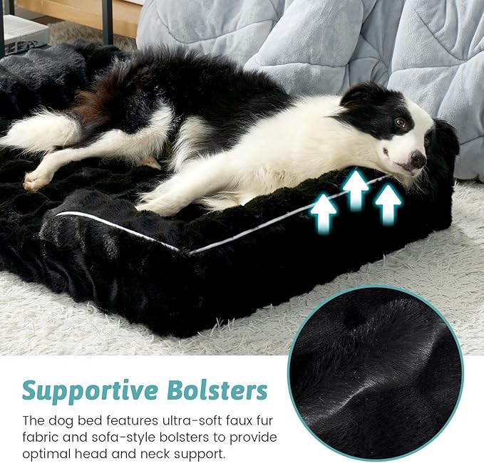 COZY KISS Orthopedic Dog Bed for Large Size Dog, Soft and Warm Faux Fur Extra Large Sofa for Pet Up to 100 lbs, Foam Bolster Anti-Slip Couch with Washable Removable Cover, XL 44x32x7 inch, Black