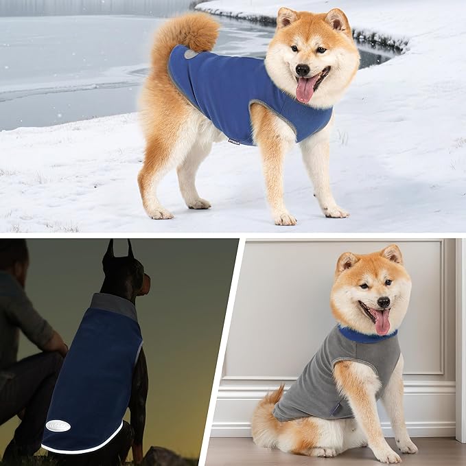 cyeollo 2 Pack Dog Fleece Sweater Stretchy Sweatshirt Pullover Dog Vest with Reflective Stripe Pet Clothes Lightweight Pet Sweaters for Small Dogs Size Grey & Blue