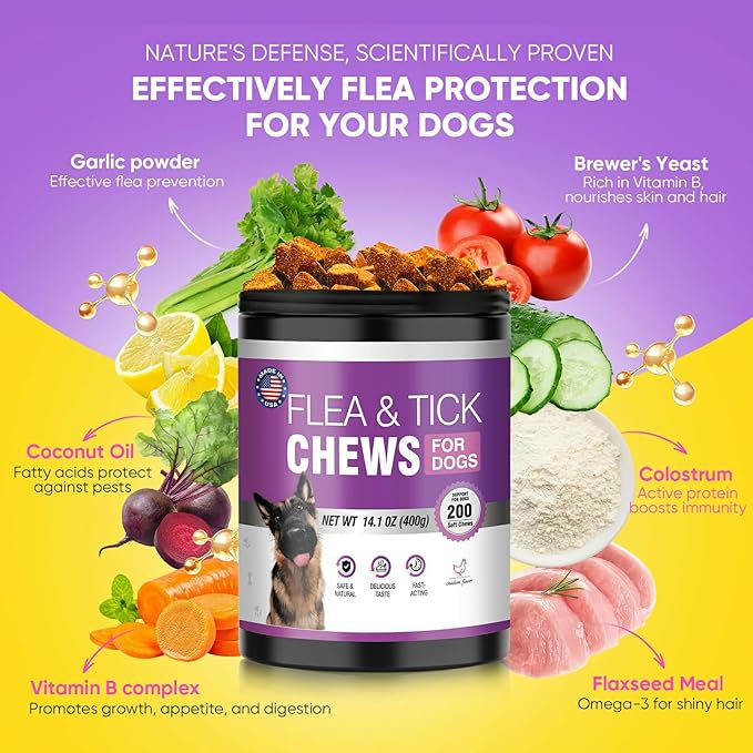 Dog Flea and Tick Treatment Chewable 200 Treatment Chews Natural Soft Chew Fleas Ticks Treatment Dog Oral Chewables Support Supplement Breeds and Ages Dogs Chicken Flavor