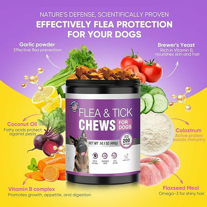 Dog Flea and Tick Treatment Chewable 200 Treatment Chews Natural Soft Chew Fleas Ticks Treatment Dog Oral Chewables Support Supplement Breeds and Ages Dogs Chicken Flavor
