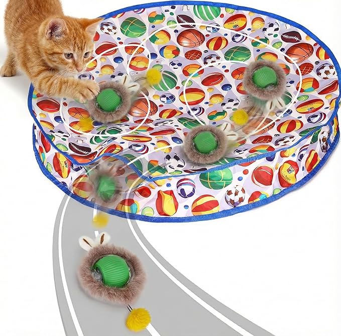 Hoobest Ball Frenzy Cat Mat Interactive with Motion Sensor | Rechargeable Ball with Beep & LED Lights | Engaging Game for Indoor Cats, Reduces Boredom & Encourages Play (Double Layer) (Sport Balls)