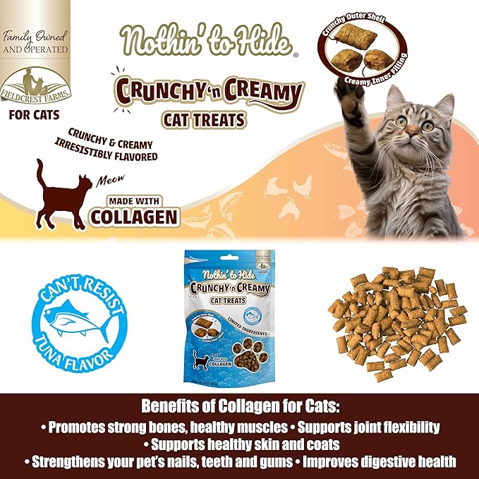 Fieldcrest Farms Nothin’ to Hide Collagen Cat Treats – Crunchy & Creamy Cat Snacks, High-Protein Healthy Treats for Skin, Coat & Joint Support, Tuna Flavor, 3 oz. Bag