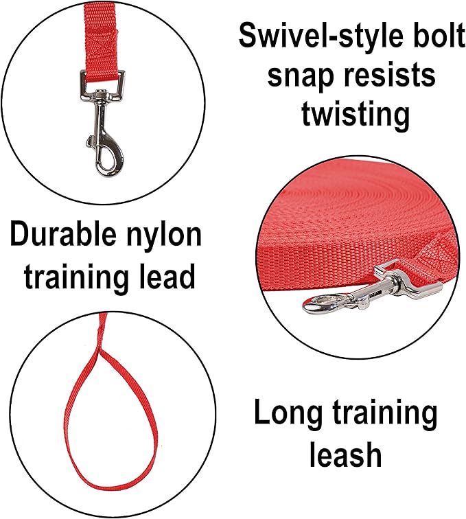 Hi Kiss Dog/Puppy Obedience Recall Training Agility Lead - 15ft 20ft 30ft 50ft 100ft Training Leash - Great for Training, Play, Camping, or Backyard (50 Feet, Red)