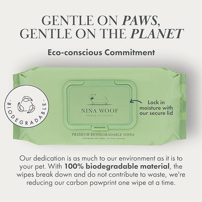 Nina Woof Dog Wipes – Fragrance-Free, Alcohol-Free, Hypoallergenic Pet Grooming Wipes with Aloe Vera, Biodegradable, for Dogs & Cats: Paws, Face, Ears & Butt – (70 Count)