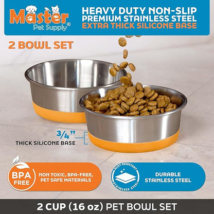 Master Pet Supply Stainless Steel Dog Bowls Set of 2 with Extra Thick Silicone Base - 2 Cup (16 oz) Mango Tango, Non-Slip, Dishwasher Safe Metal Bowls, Pet Dog Food Bowl for Dogs, Cats, Anti Rust