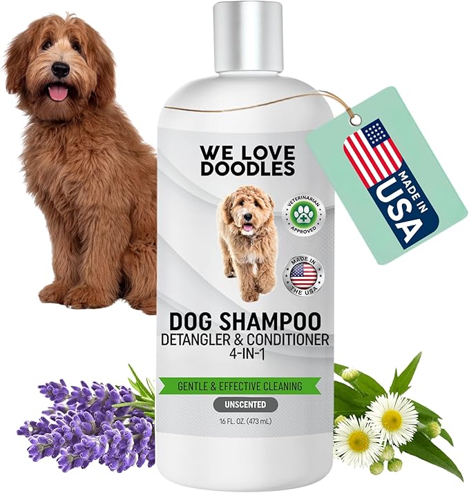 We Love Doodles Dog Shampoo, Conditioner, & Detangler - Shampoo for Dogs, Goldendoodles, Poodles & Doodles, for Matted Pet Hair & Sensitive Skin, Made in The USA, Unscented, 16 oz
