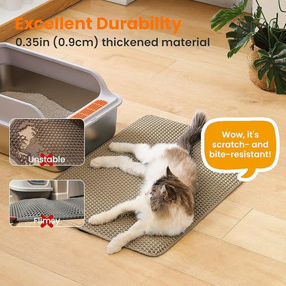Petinstinct Extra Large Cat Litter Mat, 30x22 Inches Honeycomb Double Layer Cat Litter Trapping Mat, Non Slip Waterproof Urine Proof Large Kitty Litter Box Mat for Floor, Kitten Supplies, XL, Beige