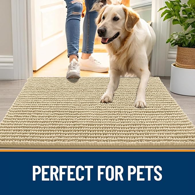 OLANLY Dog Door Mat for Muddy Paws 30x20, Ultra Absorbent Chenille Mud Doormat, Non-Slip Washable and Dirt Trapping Doormat for Indoor Entryway, Quick-Dry Indoor Pet Bed Mats for Dogs, Sand