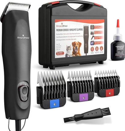 SIMPLYSHEAR Professional Dog Clippers for Grooming | High-Performance 2-Speed Corded Shears for Thick, Curly Coats & Matted Hair | Low-Noise Pet Grooming Kit with Heavy Duty Hair Trimmer, Black