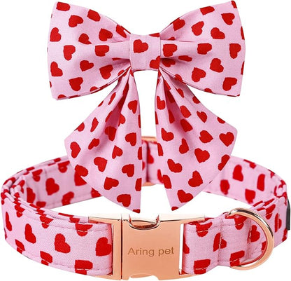 ARING PET Valentine's Day Dog Collar-Adorable Pink Heart Dog Collar with Sailor Bowtie, Comfortable Girl Dog Collars with Metal Buckle