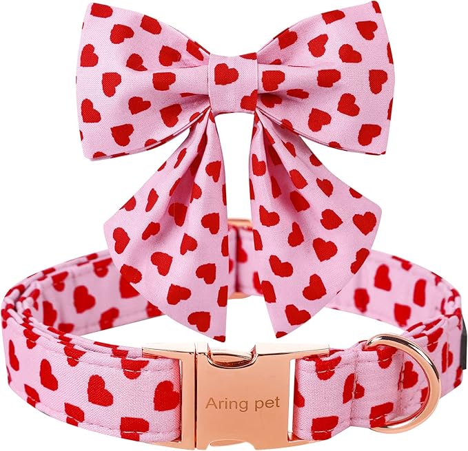 ARING PET Valentine's Day Dog Collar-Adorable Pink Heart Dog Collar with Sailor Bowtie, Comfortable Girl Dog Collars with Metal Buckle