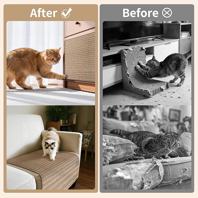 Natural Cork Cat Scratcher Mat, Hook-and-Loop Trimmable Furniture Protector for Couch, Door, Wall & Bed Corner, Claw-Friendly for Indoor Cats (Oak Wood, 39.4 x 11.8 Inch)