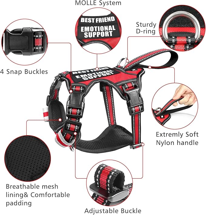 WINSEE Service Dog Vest No Pull Dog Harness with 7 Dog Patches, Reflective Pet Harness with Durable Soft Padded Handle for Training Small, Medium, Large, and Extra-Large Dogs (X-Large, Red)