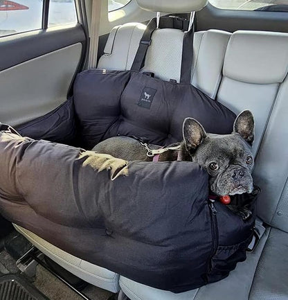JACKO & CO Premium Medium Dog Car Seat – Safe & Cozy Travel Bed for Small & Med Dogs, Puppies, Pets under 40lbs, Clip-On Leash, Side Pockets, Water-Resistant, Machine Washable (Black Medium (25-40lbs)