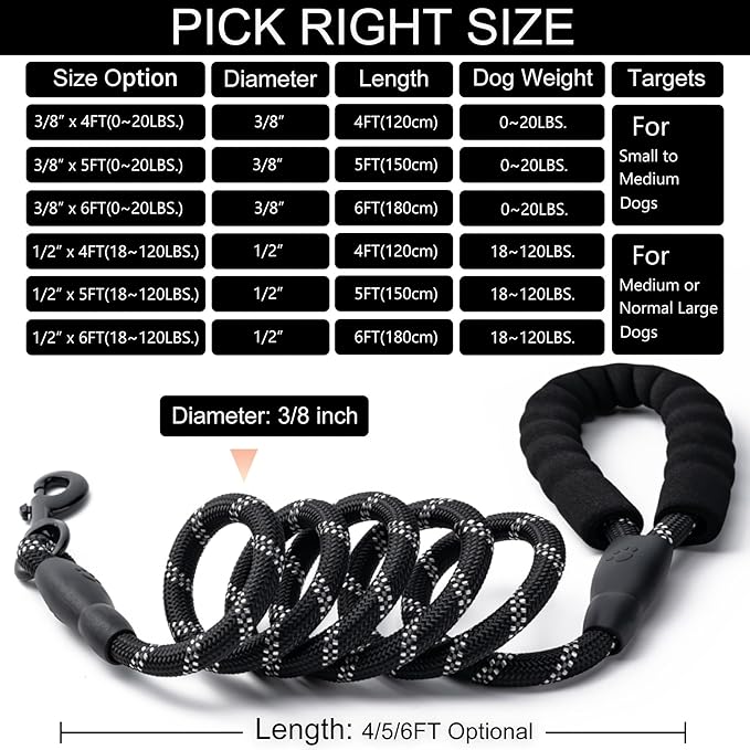 2 Pack Dog Leash, 4/5//6 FT Heavy Duty Nylon Rope Pet Leashes with Comfortable Padded Handle, Reflective Dog Leashes for Small Medium and Large Dogs (6FT-3/8,Black/Dark Blue)