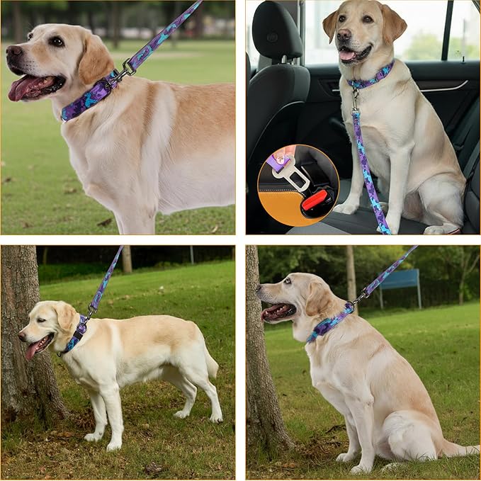 Annchwool Adjustable Dog Collar and 5 FT Leash Set with Heavy Duty Metal Buckle–Comfortable Lining Collar & Dual-Handles for Medium Large Dogs Walking,Running,Car Travel(Camo Purple Set,S:13''-17'')