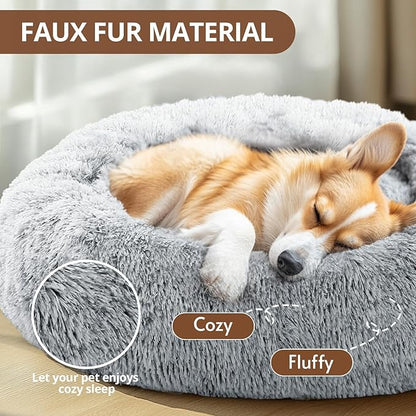 JOLLYVOGUE Calming Dog Bed Large Size Dog, Anti-Anxiety Donut Large Pet Bed, 36 inches Fluffy Faux Fur Round Cat Bed, Fits up to 75 lbs Pets (Smoke Grey)