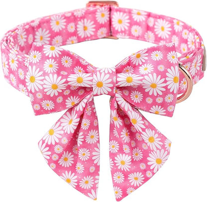 Floral Dog Collar with Lady Bow - Spring Daisy Dog Collars Girly Pink Sailor Bowtie Collars, Adjustable Metal Buckle Female Dogs Collar for Small Medium Large Dogs M
