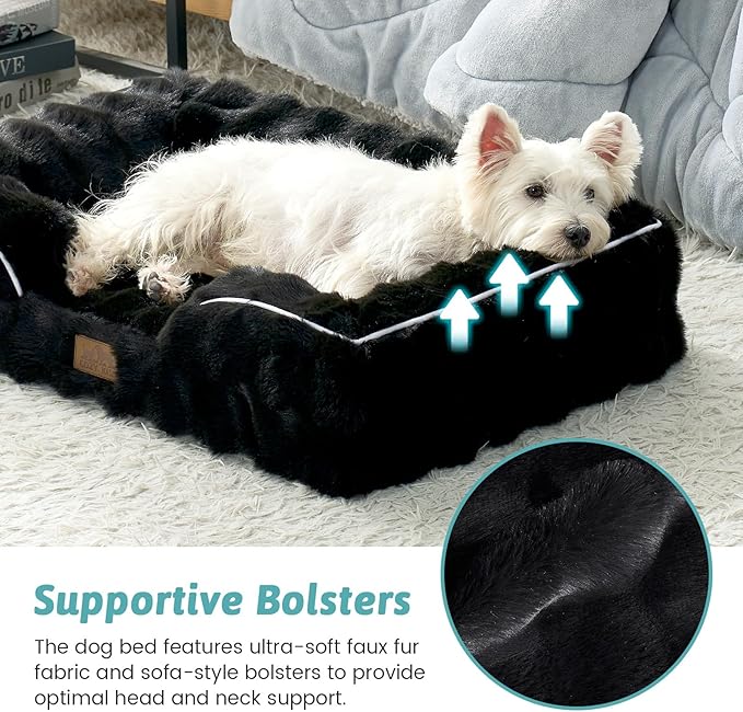 COZY KISS Orthopedic Dog Bed for Large Medium Size Dog, Soft and Warm Faux Fur Sofa for Pet Up to 75 lbs, Foam Bolster Anti-Slip Couch with Washable Removable Cover, L 36x27x6.5 inch, Black