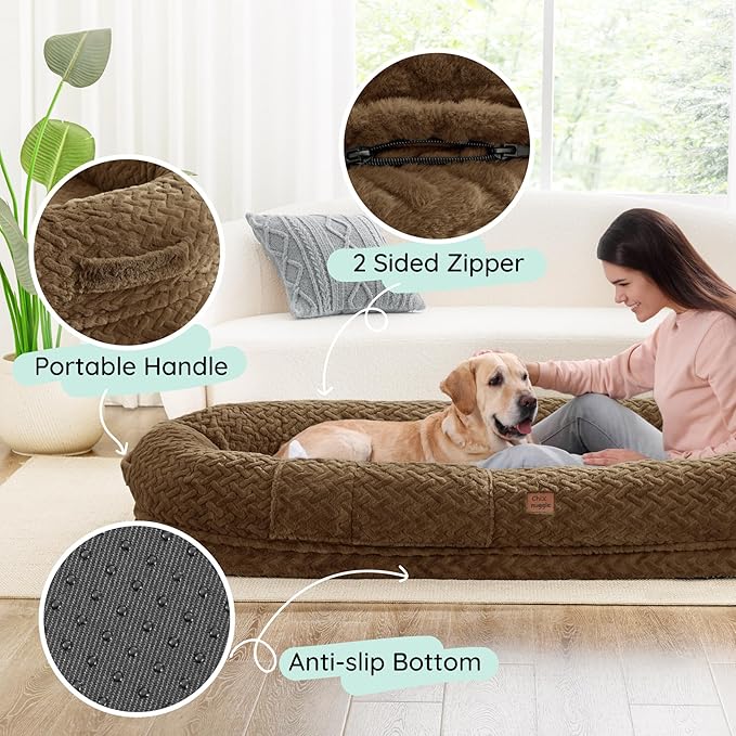 Human Dog Bed for Adult - Luxury Faux Fur Giant Size Dog Bed with Portable Handle, Egg Orthopedic Foam with Blanket, 72"x40"x10", Brown