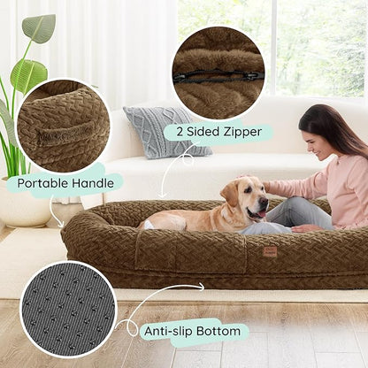 Human Dog Bed for Adult - Luxury Faux Fur Giant Size Dog Bed with Portable Handle, Egg Orthopedic Foam with Blanket, 72"x40"x10", Brown