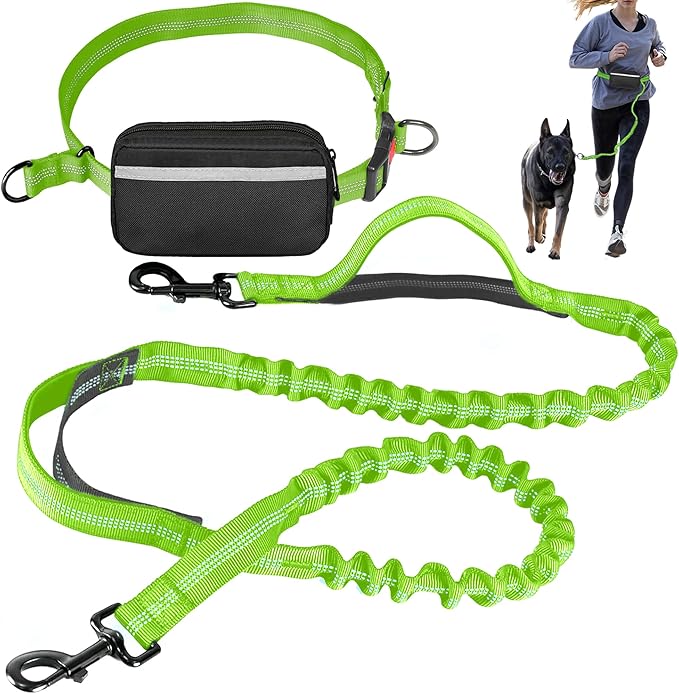 Hands Free Dog Leash with Waist Belt – No-Pull Bungee, Dual Padded Handles & Zipper Pouch for Running, Walking & Training – Adjustable Waist Leash for Large & Medium Dogs (Chartreuse)