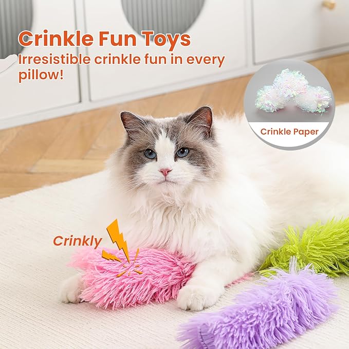 Petinstinct 3 Pack Cat Pillow Toys with Catnip, Soft Plush Crinkle Cat Kicker Toys, Interactive Indoor Kitten Chew Toys for Kitty Exercise, Catnip Toys, Promotes Self Play for All Breeds