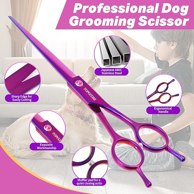 TOPGOOSE 7.5'' Dog Straight Scissors for Grooming 440C Stainless Steel Professional Pet Trimming Scissors Sharp Blades Cutting for Dogs and Cats Shears (Straight, Purple)