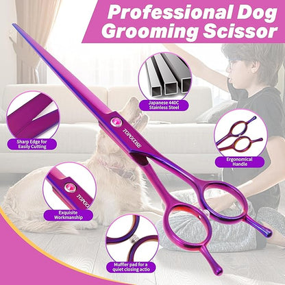 TOPGOOSE 7.5'' Dog Straight Scissors for Grooming 440C Stainless Steel Professional Pet Trimming Scissors Sharp Blades Cutting for Dogs and Cats Shears (Straight, Purple)