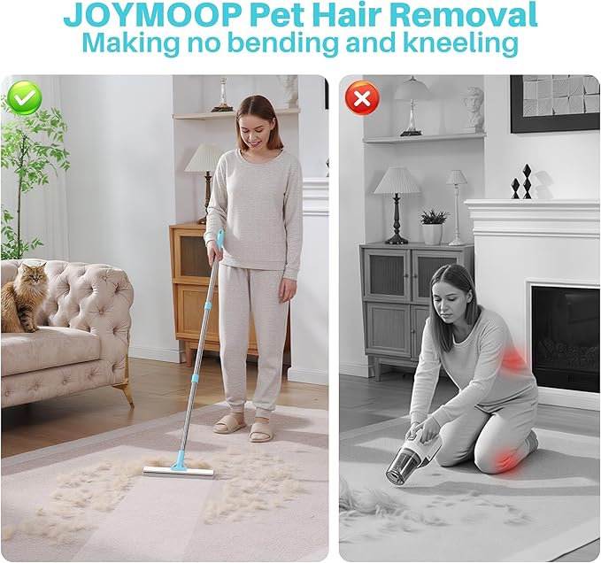 JOYMOOP 2 PCS Pet Hair Removal Tools, 63" Adjustable Long Handle Carpet Rake and Short Handle Carpet Pet Hair Removal, Cat Dog Hair Carpet Rake with Metal and Silicone Scraper for Carpet, Sofa, Cloth