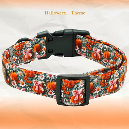 Elegant little tail Halloween Dog Collar, Pumpkin with Flower Print Fall Pet Collars Cotton Soft Sturdy Puppy Collars Holiday Female Adjustable Collar for Medium Dogs