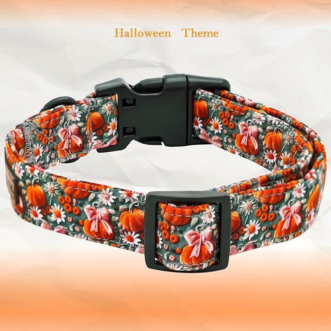 Elegant little tail Halloween Dog Collar, Pumpkin with Flower Print Fall Pet Collars Cotton Soft Sturdy Puppy Collars Holiday Female Adjustable Collar for Small Dogs