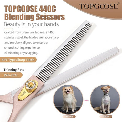 TOPGOOSE Professional Thinning Scissors for Dog Cat 7.5'' Pet Grooming Scissors 440C Stainless Steel Thinning Shears for Dogs 56 Teeth (Rose Gold, Thinner)