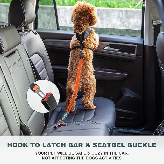 Dog Seat Belt 3-in-1 Car Harness for Dogs Adjustable Safety Seatbelt for Car Nylon Reflective Bungee Fabric Dog Car Harness with Clip Hook Latch & Buckle, Swivel Zinc Alloy Carabiner (Orange)