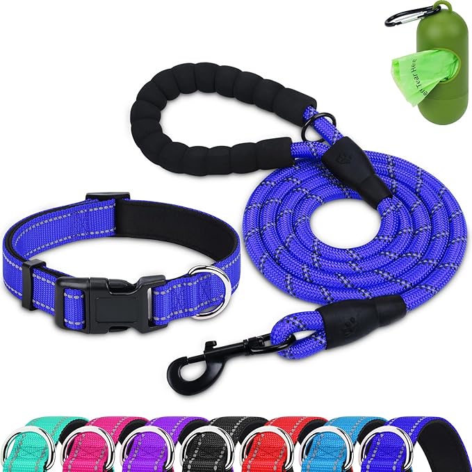 Dynmeow Reflective Dog Collar and Leash Set, 6FT Strong Climbing Rope Leash with Padded Handle, Adjustable Pet Collar with Soft Neoprene Padding for Puppy Small Dogs, Navy-Blue, Xs