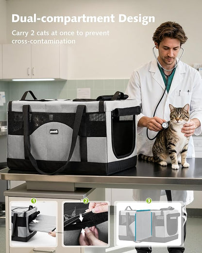 Pecute Large Cat Carrier for 2 Cats Built-in Steel Frame & Removable Divider,Pet Carrier for Car Travel,Foldable Dog Crate,Soft Double Cat Crate with Breathable Mesh,Vet,Gray