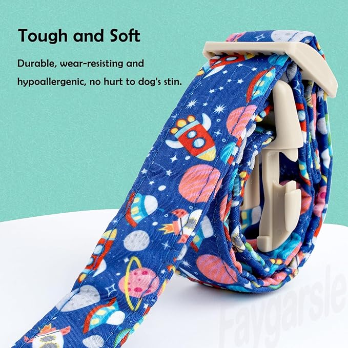 Faygarsle Space Theme Dog Collar, Navy Blue with Rockets and Planets Pattern for Summer Small Medium Large Dogs XS