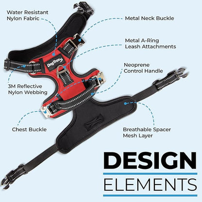 DogTraxs - Step-in Dog Harness - for Medium Dogs - Soft Padding & Reflective Trim - Adjustable No Pull Through Design - Control Handle - Top & Front Clip Durable - Ruby Red