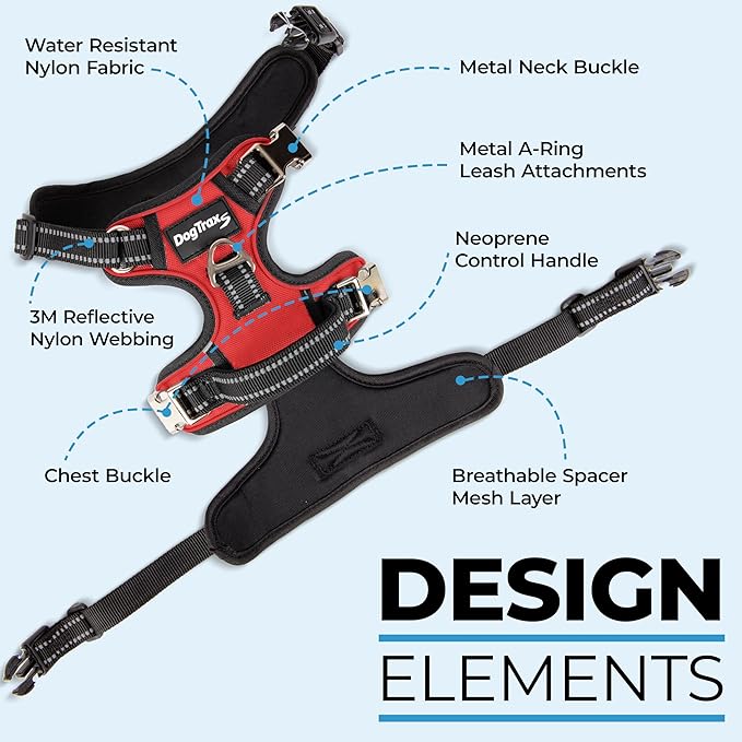 DogTraxs - Step-in Dog Harness - for Large Dogs - Soft Padding & Reflective Trim - Adjustable No Pull Through Design - Control Handle - Top & Front Clip Durable - Ruby Red