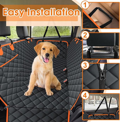NECKORY Waterproof Dog Car Seat Cover for Back Seat - Durable, Scratch Proof Pet Hammock with Nonslip Design & Storage Pockets, Fits Cars, SUVs, Trucks- S, Black/Orange