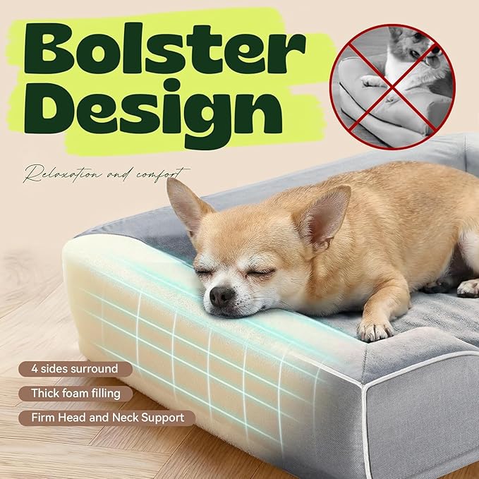 hush bone 24 Inch Orthopedic Dog Couch Bed for Small Dogs/Cats,Cooling Gel Memory Foam + Egg Crate Foam,Waterproof Removable Washable Cover,4-Sided Bolster,Non-Slip Bottom,Grey