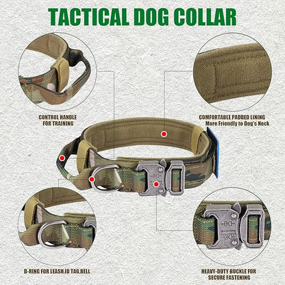 Tactical Nylon Collar - Heavy Duty Metal Buckle with Handle for Dog Training, with Patches (Camo, M)