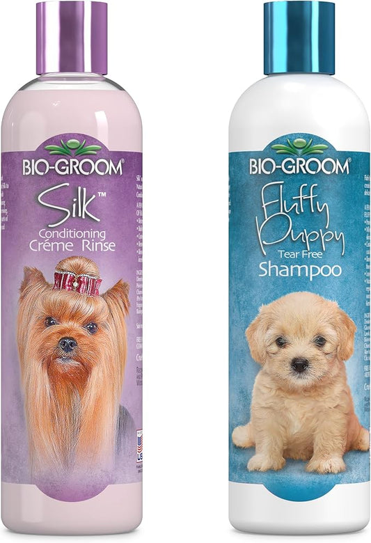 Bio-Groom Dog Shampoo and Conditioner Set - Tearless Shampoo for Dogs, Puppies & Cats, Moisturizing Conditioner for Dry Skin - Silk Conditioning Creme Rinse & Tear Free Shampoo, 12 Fl Oz Each (1 Set)