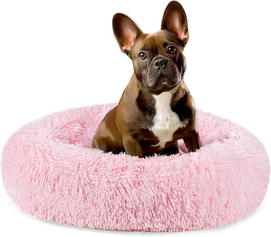 PetAmi Calming Dog Bed for Small & Medium Dogs and Cats, 23” Round Donut Dog Bed, Washable Fluffy Faux Fur Puppy & Cat Bed, Anti-Anxiety Plush Cuddler Pet Bed with Anti-Slip Bottom - Pink