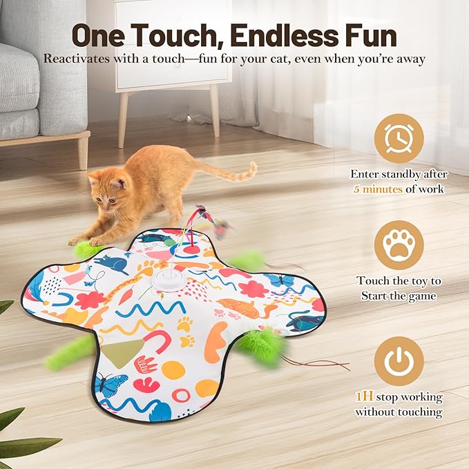 Interactive Cat Toys, Automatic Hide and Seek Cat Toys for Indoor Cats with 4 Lifelike Sounds, Touch Activated, Motorized Wand Feather, and Moving Butterfly for Bored Adult Kitten Cats