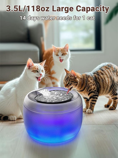 Kastty 3.5L Quiet Cat Water Fountain,118oz Large Capacity Pet Water Fountain for Cats Indoor with Water Level LED Light, Easy Cleaning Cat Fountains for Drinking Automatic Dog Water Fountain FS75